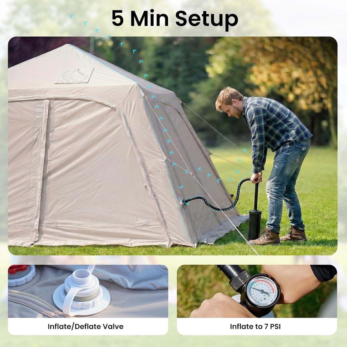 Lilypelle 4-6 Person Inflatable Camping Tent, 9.8ft x 9.8ft x 7.6ft Easy Setup Blow Up Tent with Hand Pump, PU3000mm Waterproof & Breathable 4 Season Glamping Tent for Outdoor Camping