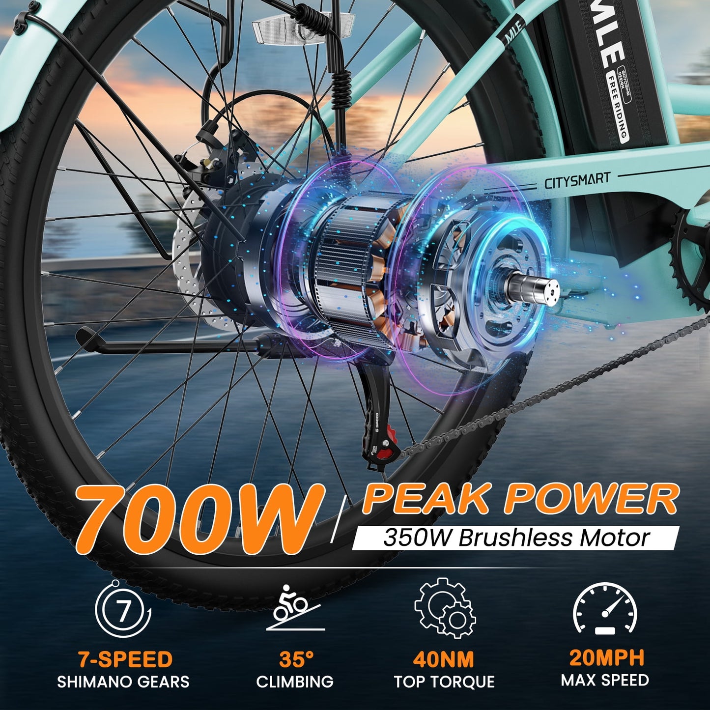 MOONCOOL Electric Bicycle for Adults 350W , 7-Speed Ebike with 36V 10.4Ah Removable Battery， 40 Miles Range , 20 mph Electric Commuter Bike for Women Men