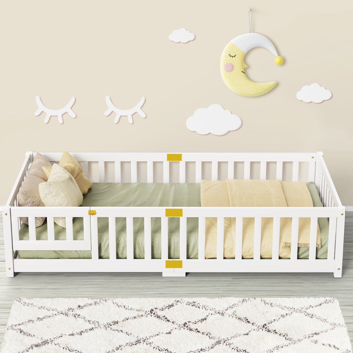 Lilypelle Twin Floor Bed for Kids, Montessori Floor Bed with Guard Rails, Floor Bed Frame for Kids, Boys, Girls