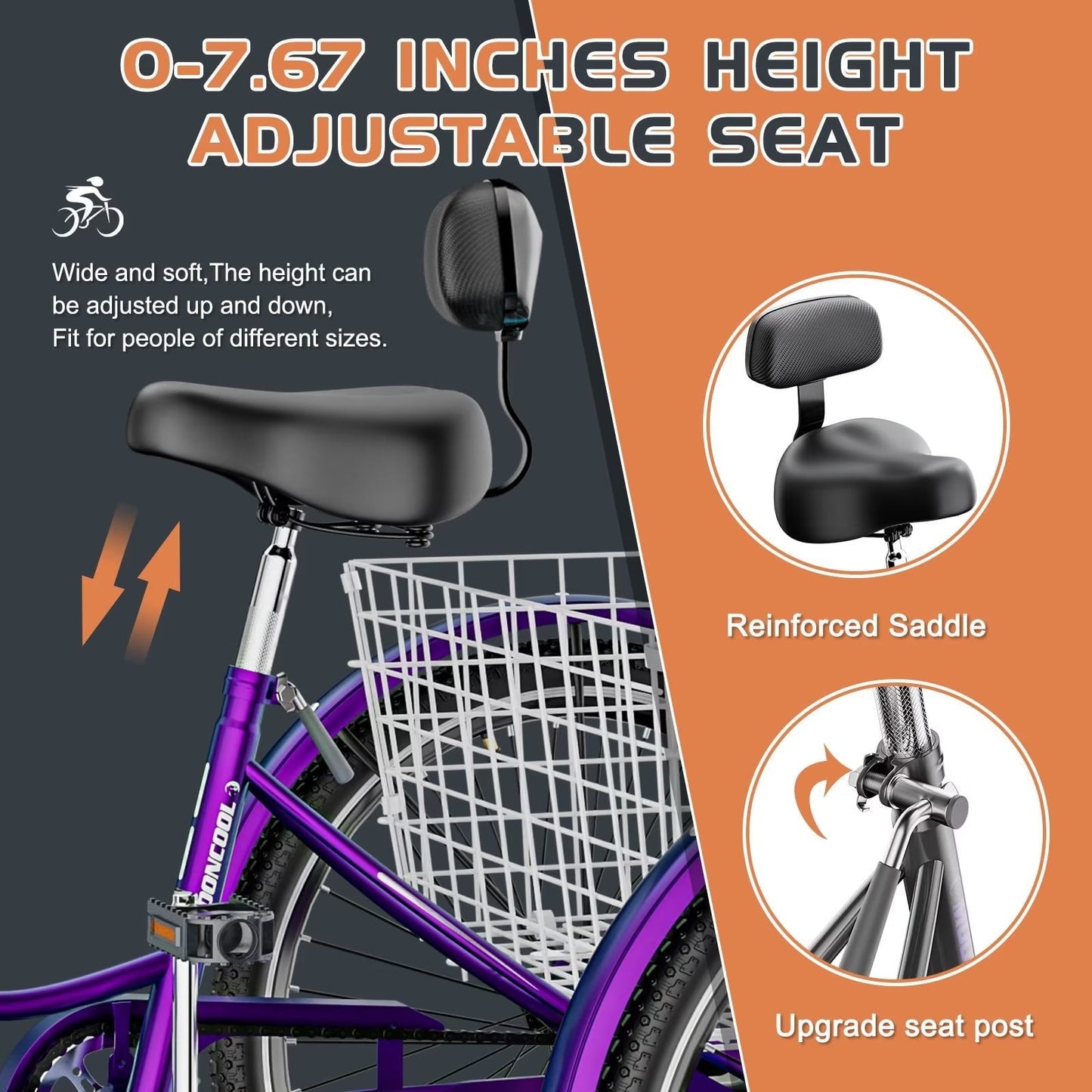 Lilypelle Adult Tricycles 7 Speed 26 inch Three Wheel Bike Cruiser Trike with Low-Step Through Frame/Large Basket for Men, Women, Seniors,Rose purple