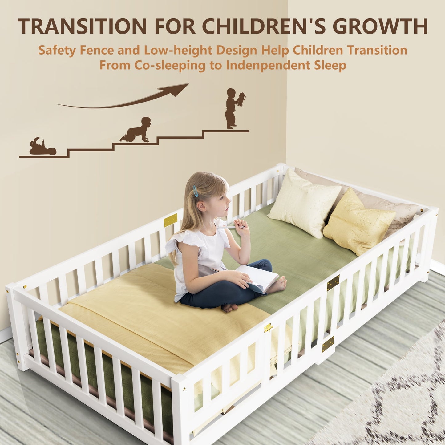 Lilypelle Twin Floor Bed for Kids, Montessori Floor Bed with Guard Rails, Floor Bed Frame for Kids, Boys, Girls