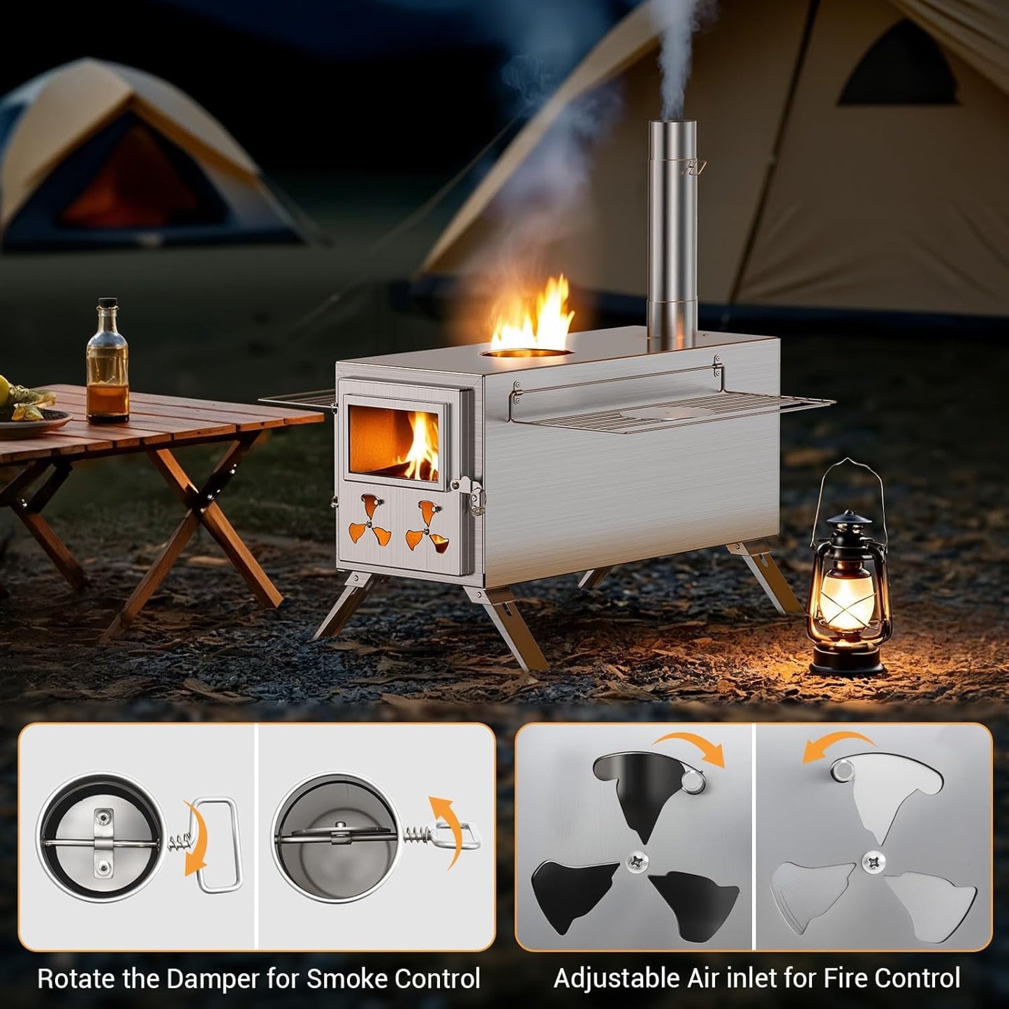 Lilypelle Portable Wood Burning Sauna Hot Tent Stove, 2 in 1 Tent Wood Burning Stove with Chimney Pipe for Outdoor Camping Heating