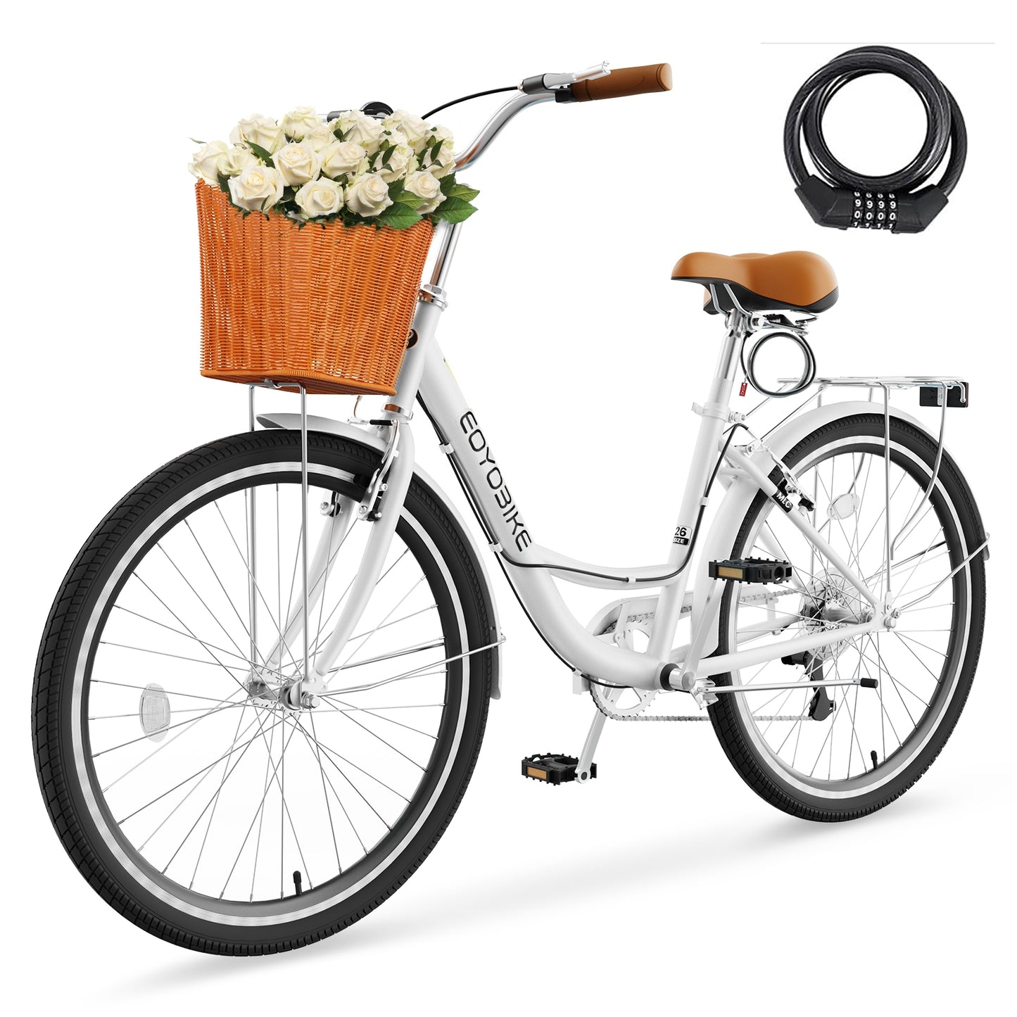 Lilypelle Womens Bike, 7 Speed Bike for Adults Women 24 26 inch with Ratten Basket & Rack, Beach Cruiser Bike for Women, Womens Bicycle for Commuting, Step Through City Bikes for Women Adults Ladies