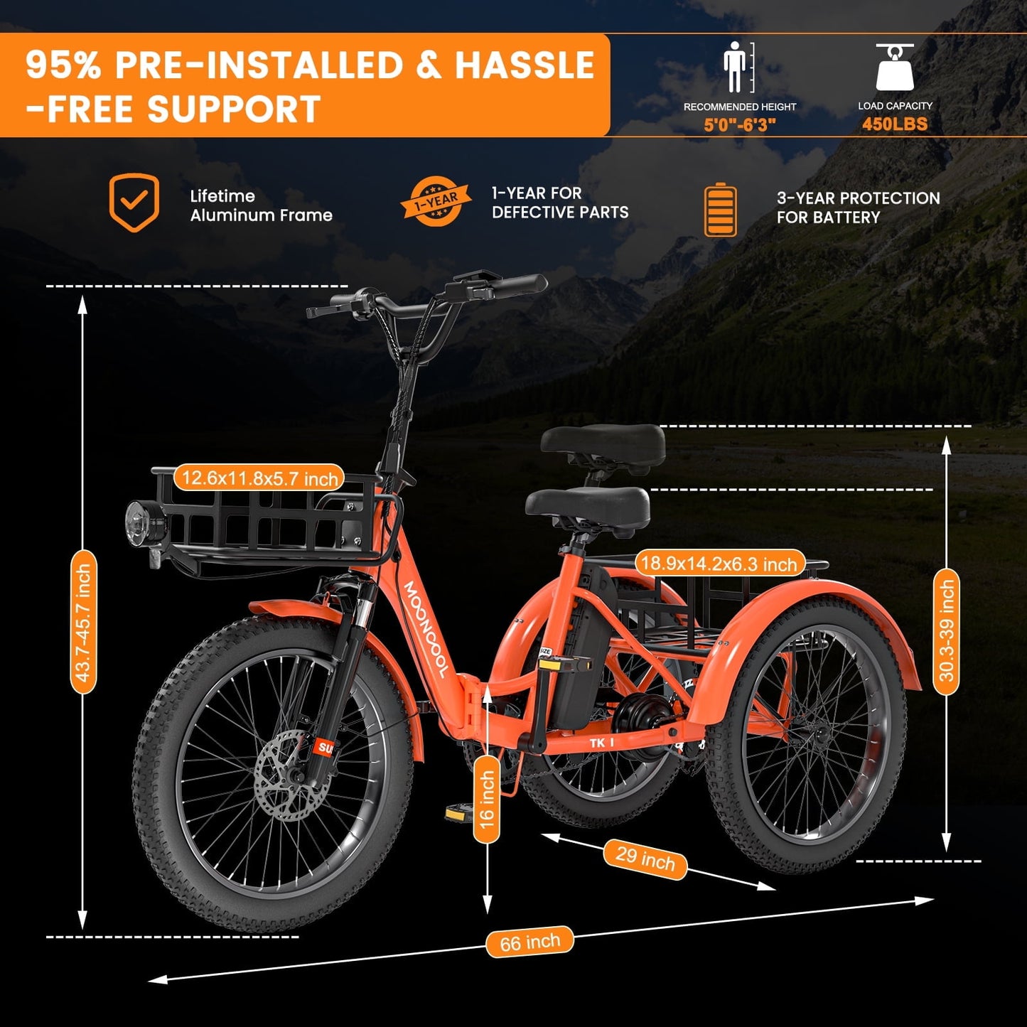MOONCOOL TK1 Folding Electric Tricycle for Adults,48V 14.5Ah Removable battery, Peak 1000W Motor, 20" Fat Tire Step-Thru 3 Wheel Electric Bicycle W/ Mirrows Kit