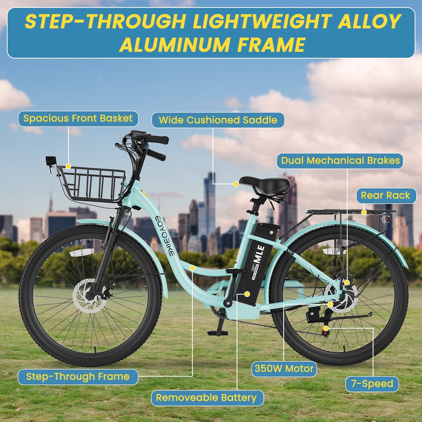 MOONCOOL Electric Bicycle for Adults 350W , 7-Speed Ebike with 36V 10.4Ah Removable Battery， 40 Miles Range , 20 mph Electric Commuter Bike for Women Men