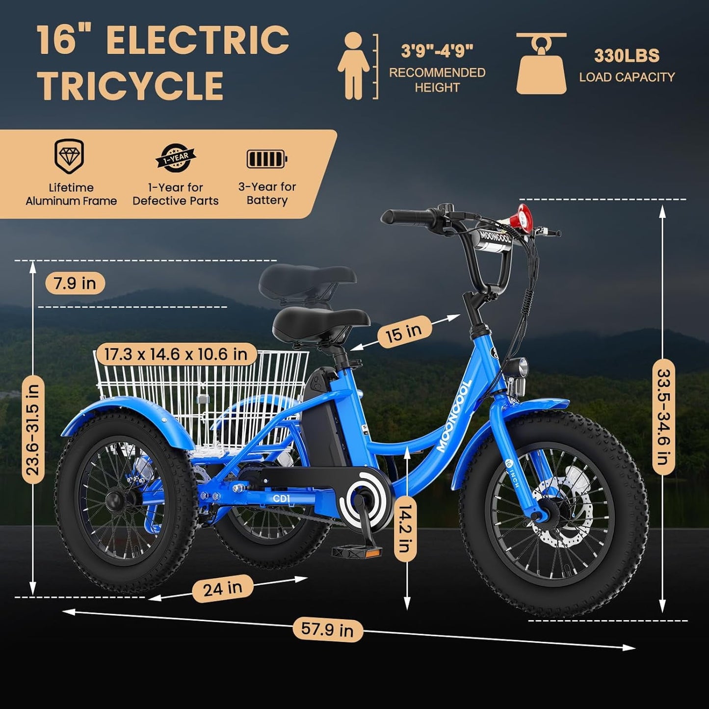 Lilypelle Electric Ride on tricycle for Kids , 6/9/12Mph Three Max Speed 250W Power trike w/ 24V 10.4Ah Battery, Headlights & Horn, Large Rear Basket ,2 sets of DIY stickers,16"x3" Wheel,30Miles