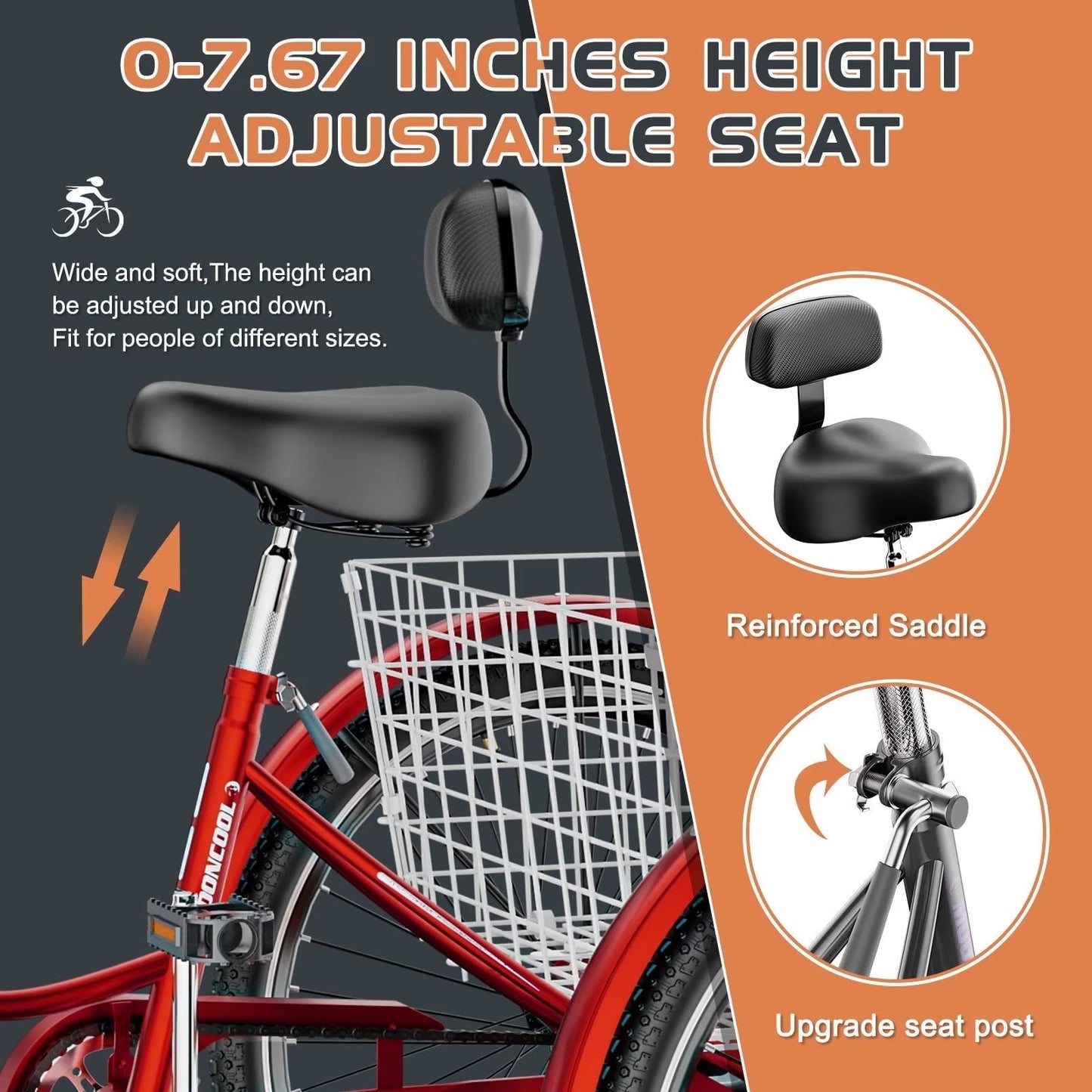 Lilypelle Adult Tricycles 7 Speed 24 inch Three Wheel Bike Cruiser Trike with Low-Step Through Frame/Large Basket for Men, Women, Seniors,Red