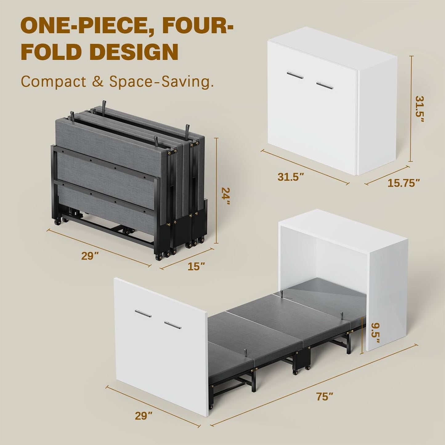 Lilypelle Murphy Bed Cabinet, Folding Bed Roll Away Beds with Mattresses for Adult, Pull Out Murphy Chest Bed Daybed w/ Trundle Guest Bed for Apartment Study Room Office Nap Bed (Cot Size: 75" x 29")