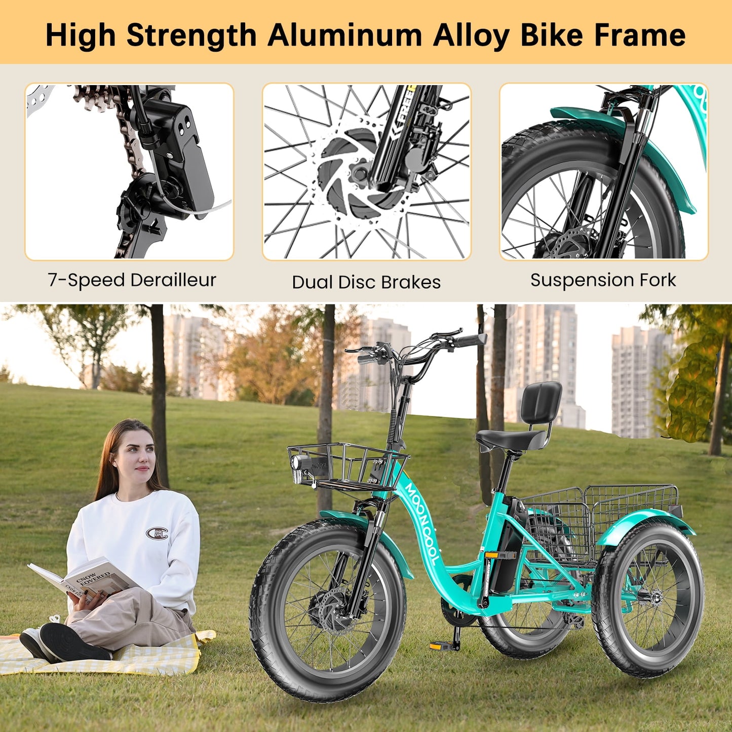 Lilypelle 7-Speed Electric Tricycle with 20" x 4" Fat Tires for Adults,500W 48V 14.5Ah Lithium Battery ,3 Wheels Electric bike with Front & Rear Basket for Men, Women,Senior