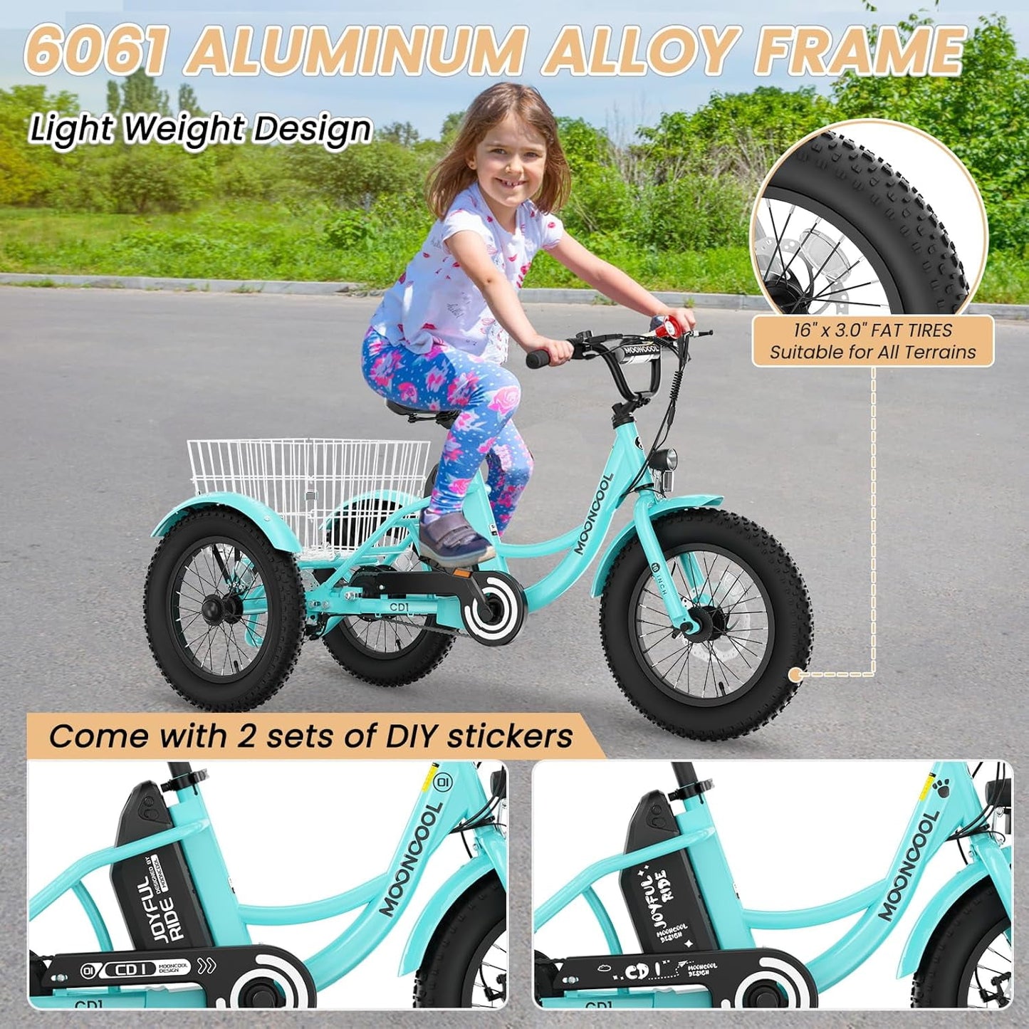 Lilypelle Electric Ride on tricycle for Kids , 6/9/12Mph Three Max Speed 250W Power trike w/ 24V 10.4Ah Battery, Headlights & Horn, Large Rear Basket ,2 sets of DIY stickers,16"x3" Wheel,30Miles