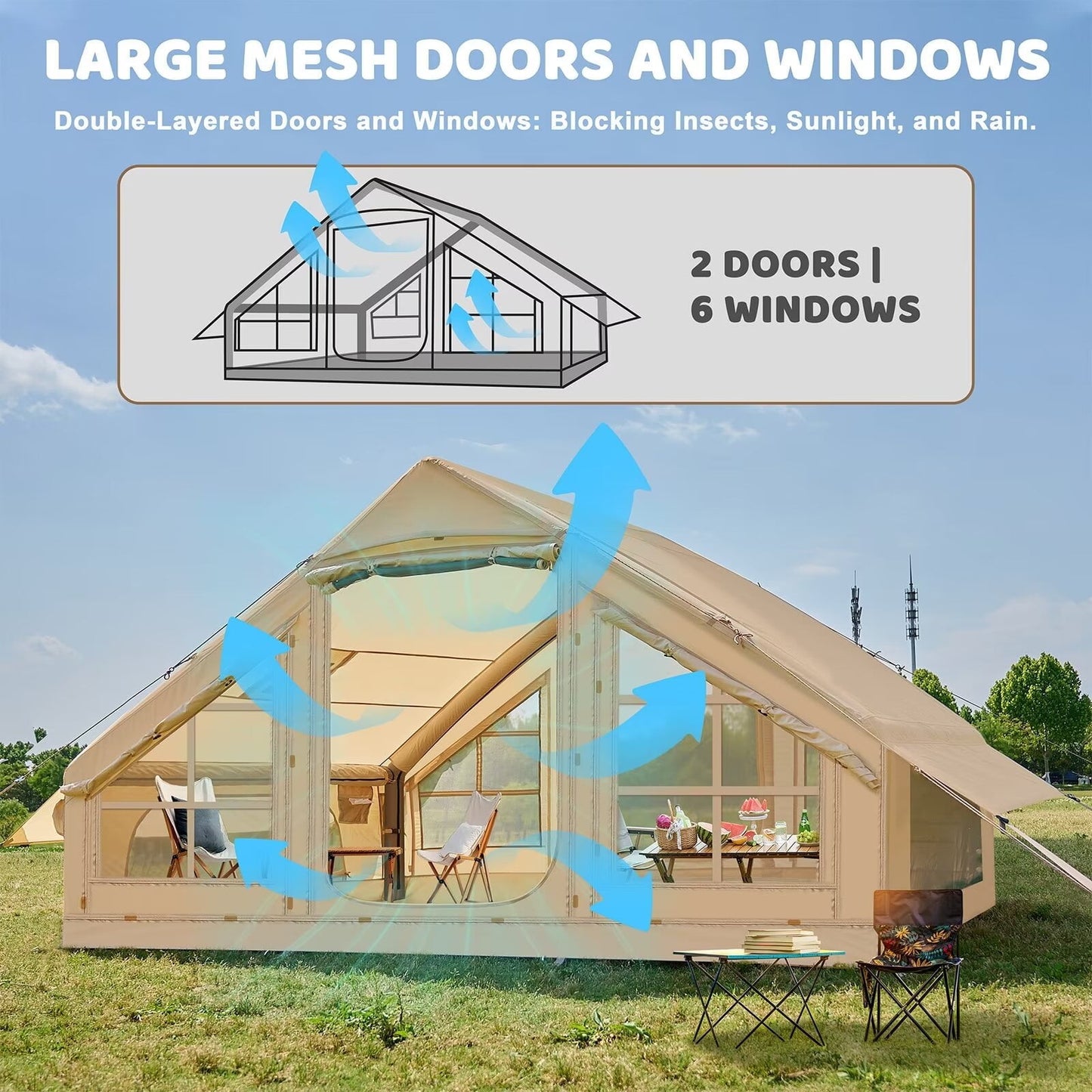 Lilypelle 4-6 Person Blow Up Inflatable Tent with Stove Jack, Hot Tent for Camping with Hand Pump, Waterproof Inflatable Camp Tent with Mesh Windows, Easy Setup Glamping Inflatable House