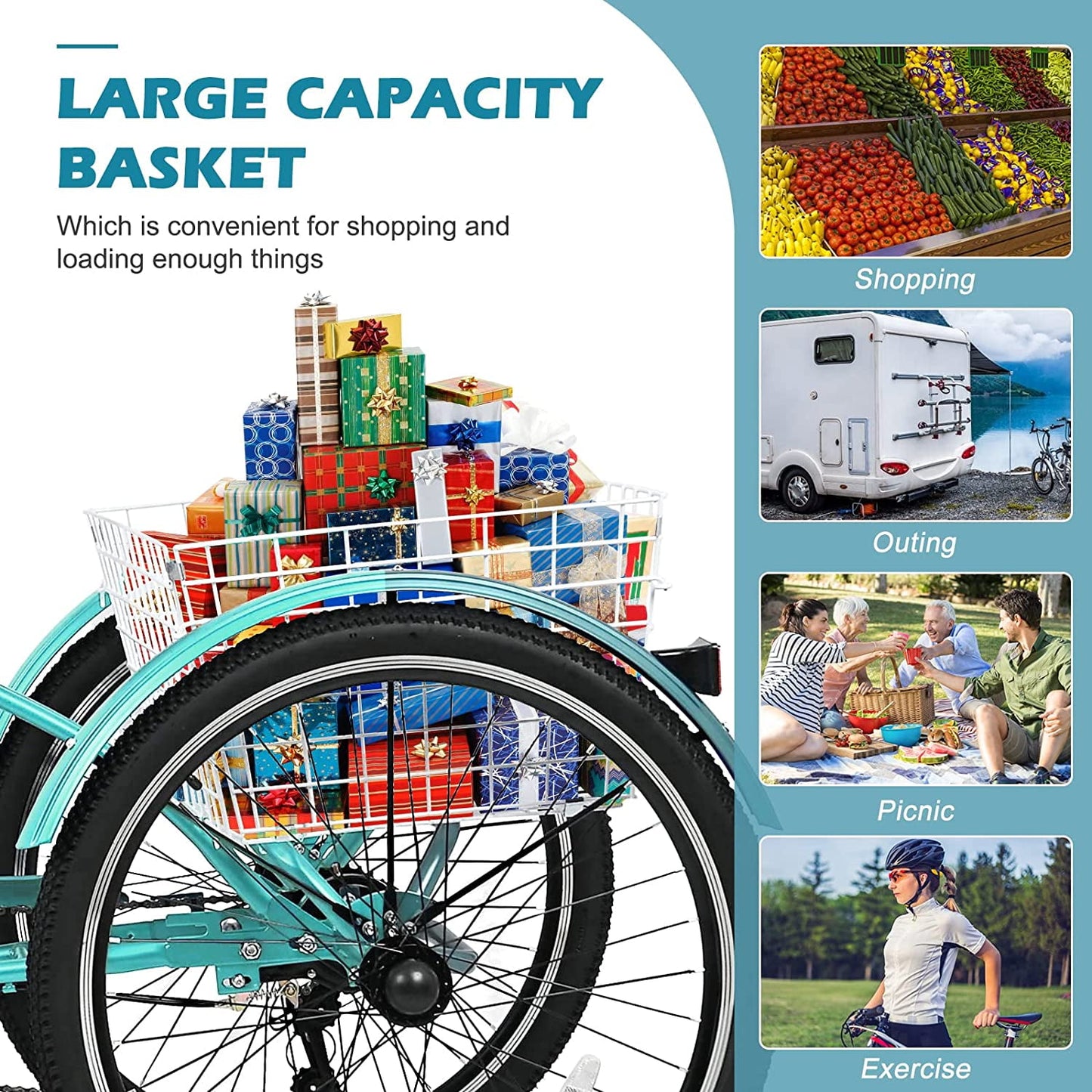 MOONCOOL 24'' Electric Tricycle for Adults, 350W 36V 7 Speeds Electric Trike, 3 Wheels Adult Electric Tricycle Bicycle with Large Basket & Tool Kits,UL2849