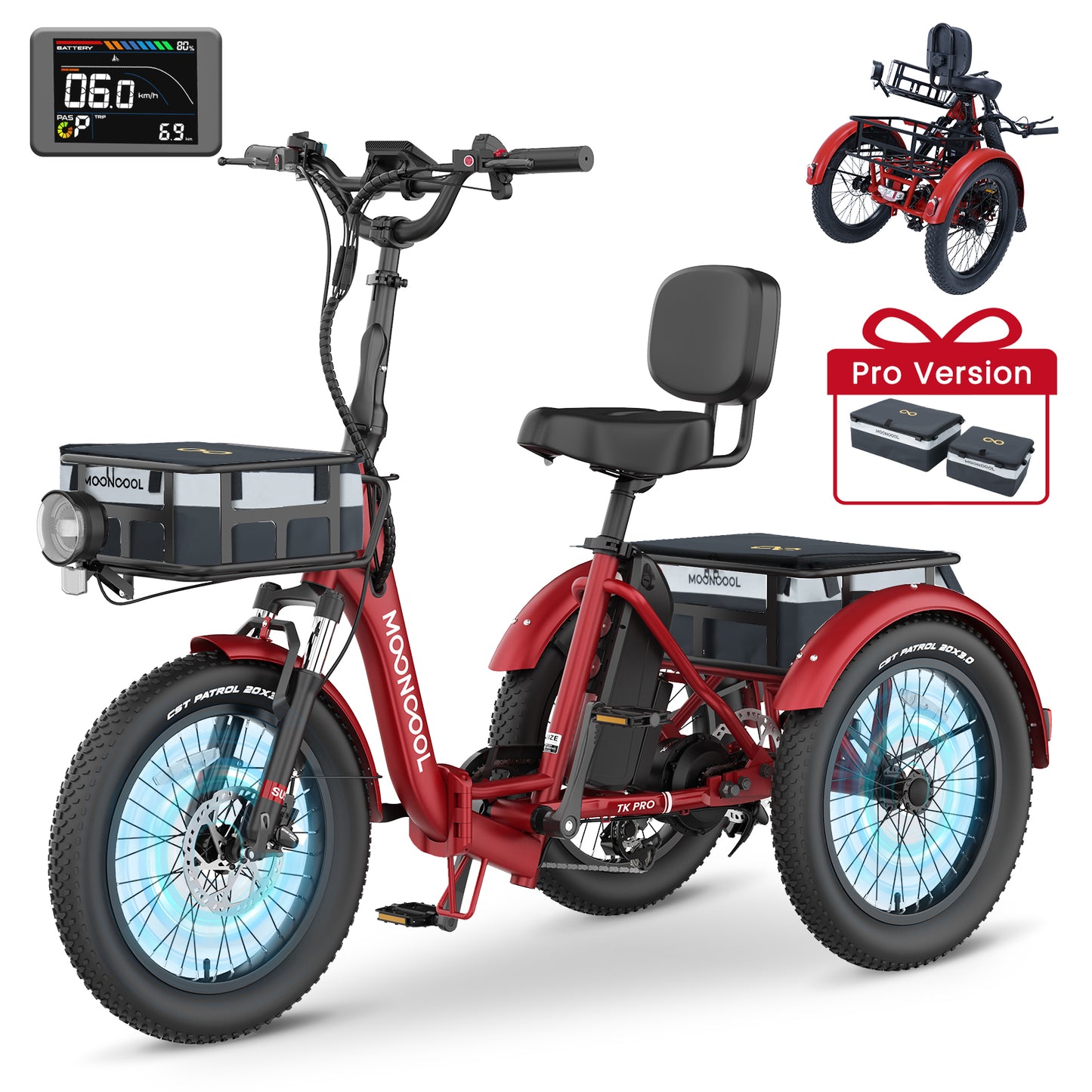Lilypelle TK-Pro Electric Tricycle for Adults,750W 48V Folding E-Mountain bike UL2849 , 20" 6 Speed 3 Wheels Electric Bicycle with Front & Rear Basket and Removable 20AH Battery