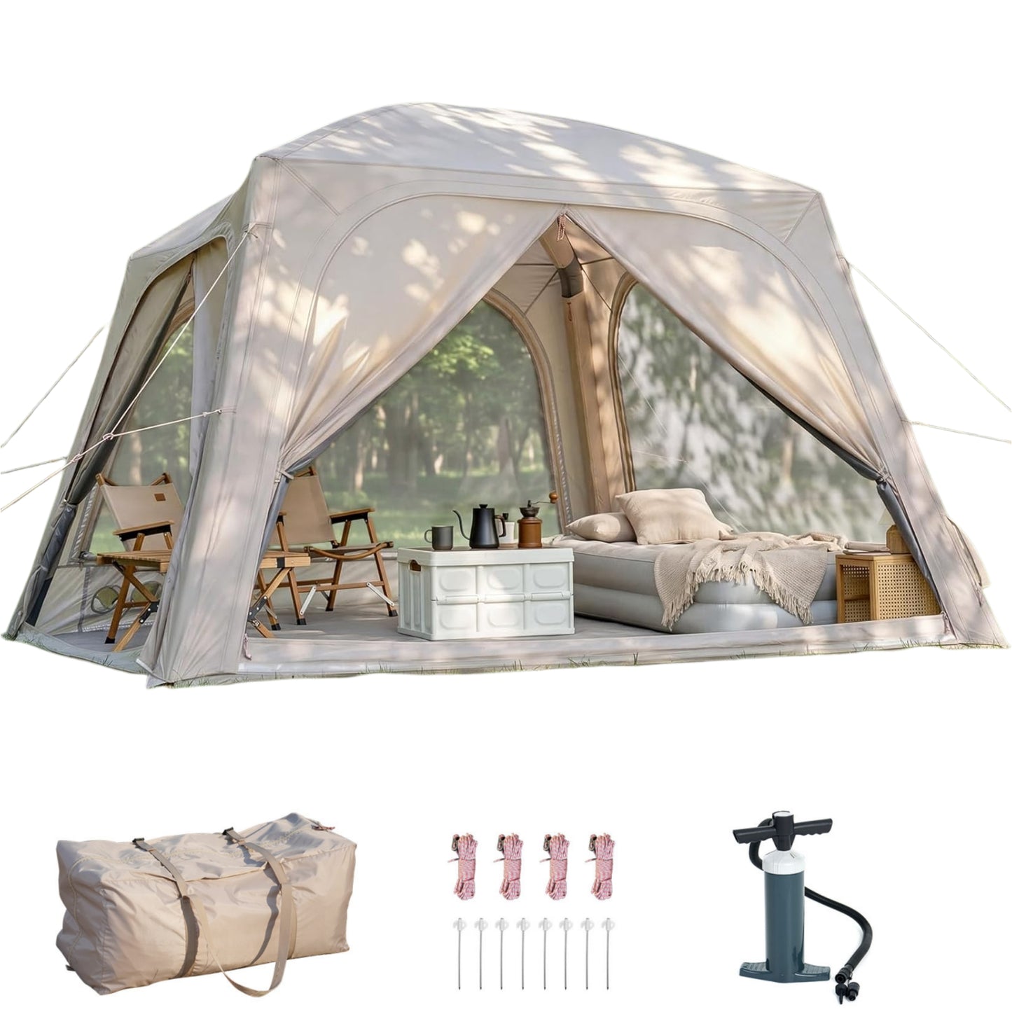 Lilypelle 4-6 Person Inflatable Camping Tent, 9.8ft x 9.8ft x 7.2ft Easy Setup Blow Up Tent with Hand Pump, PU3000mm Waterproof & Breathable 4 Season Glamping Tent for Outdoor Camping