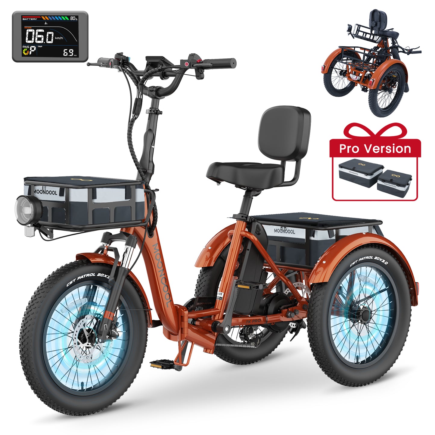 Lilypelle TK-Pro Electric Tricycle for Adults,750W 48V Folding E-Mountain bike UL2849 , 20" 6 Speed 3 Wheels Electric Bicycle with Front & Rear Basket and Removable 20AH Battery