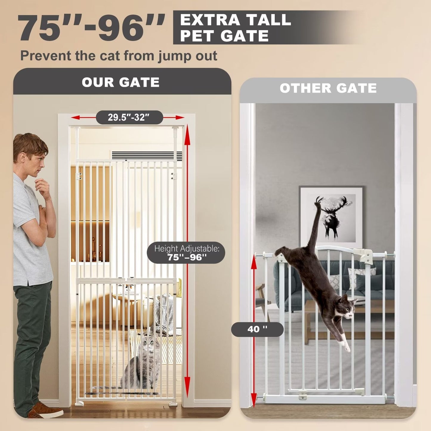 Lilypelle Extra Tall Steel Pet Gate, Adjustable 33.4-35.8 Inch Wide, 74.8-96.5 Inch Tall, Pressure Mounted, Walk-Through Swing
