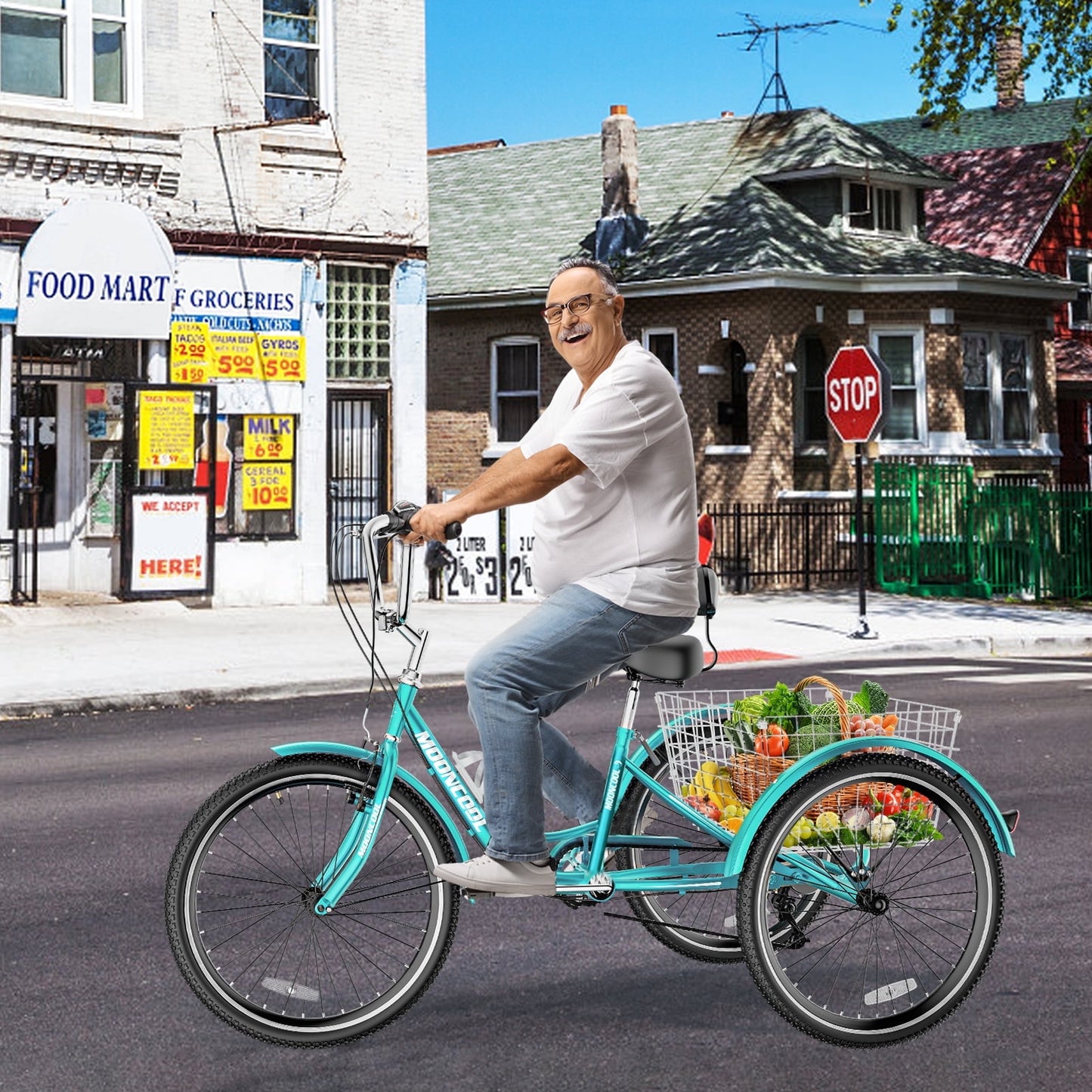 Lilypelle Adult Tricycles 7-Speed 20/24/26 in Three Wheel Unisex Adult Bike with Large Basket,Cyan