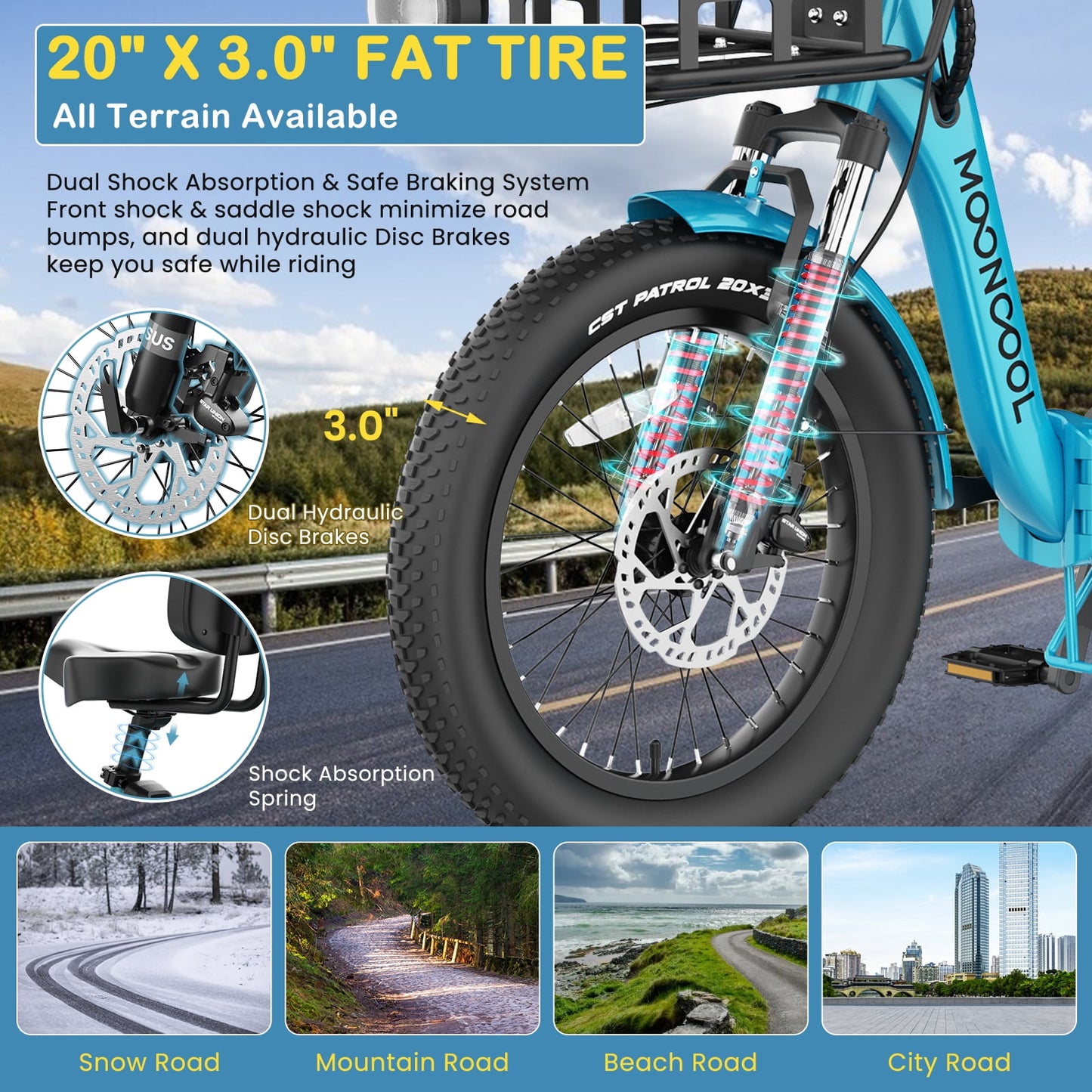 MOONCOOL TK Pro Electric Tricycle for Adults, 750W（Peak 1500W) Motor 48V 20Ah Battery, 20in Fat Tire Three Wheel Electric Bicycle , Foldable Electric Mountain Trike with Front & Rear Basket, UL2849