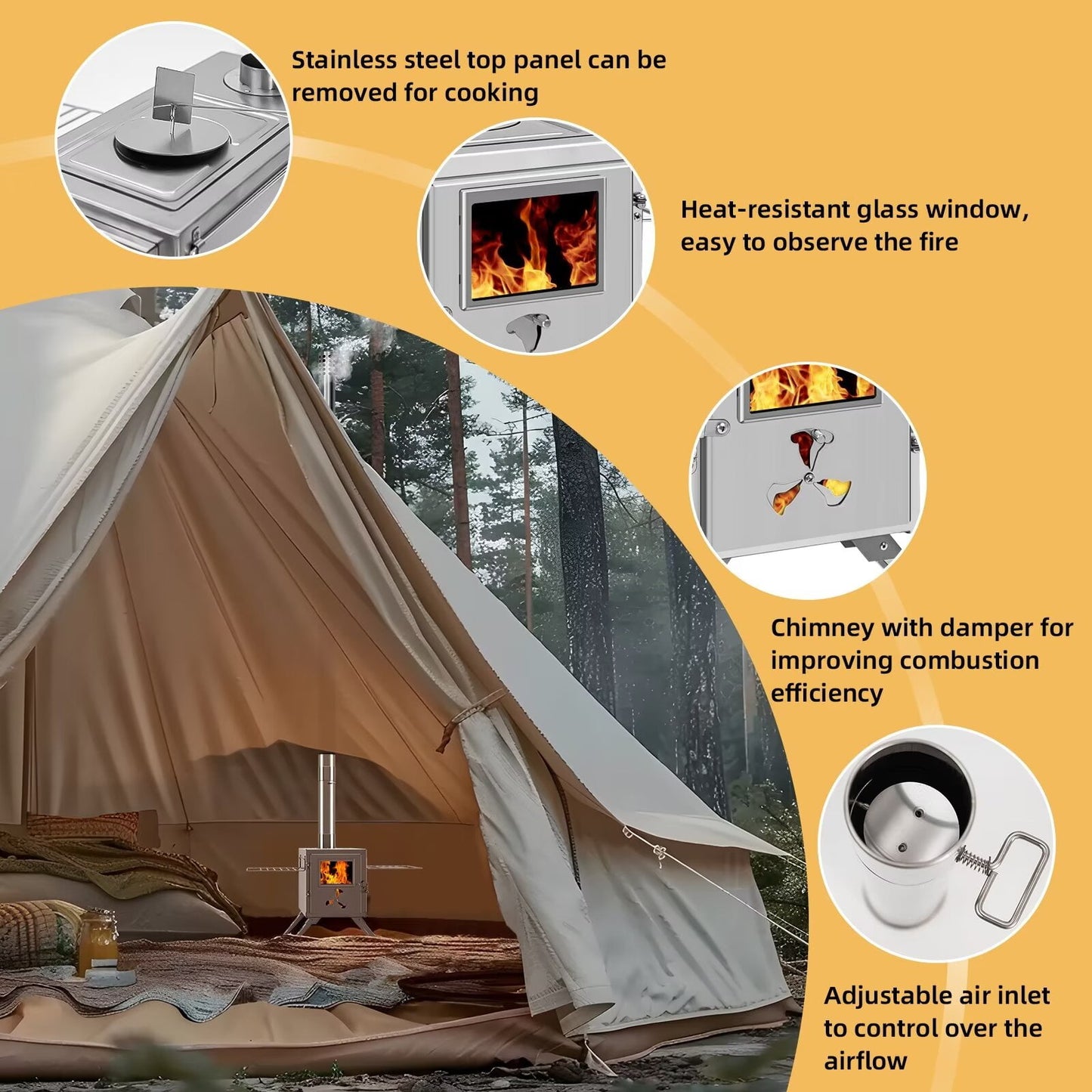 Lilypelle Portable Wood Stove Camping Hot Tent BBQ Stove with 7 Chimney Pipe for Tents, Travel, Camping