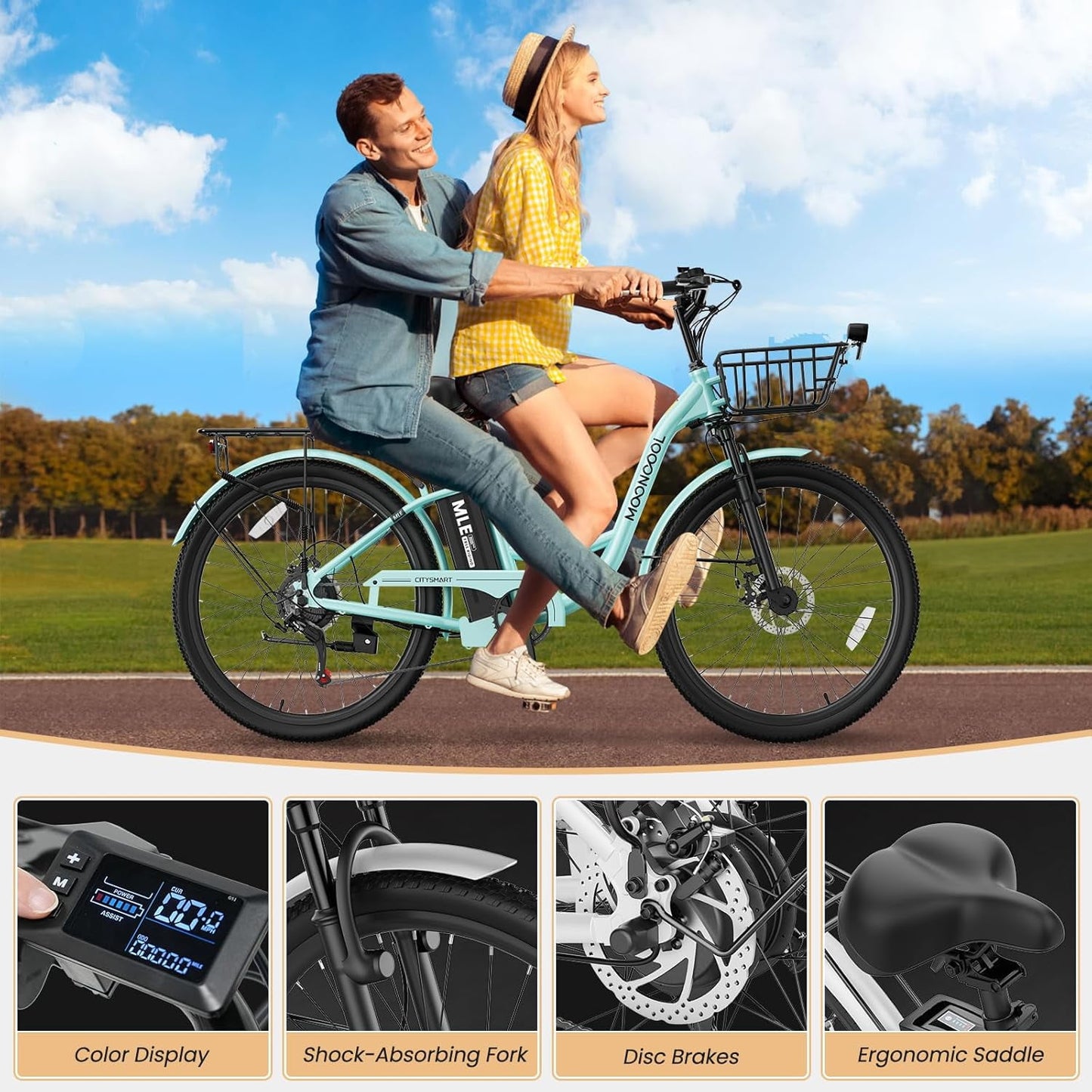 MOONCOOL Electric Bicycle for Adults 350W , 7-Speed Ebike with 36V 10.4Ah Removable Battery， 40 Miles Range , 20 mph Electric Commuter Bike for Women Men, UL2849