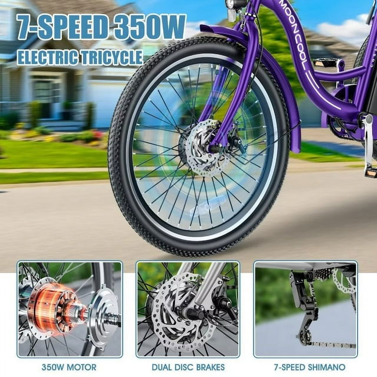 Lilypelle 24" Electric Tricycle for Adults, 350W 36V 14.5AH 7 Speeds Motorized Electric Trike Three Wheel Electric Bikes Bicycle with Large Basket for Women Men