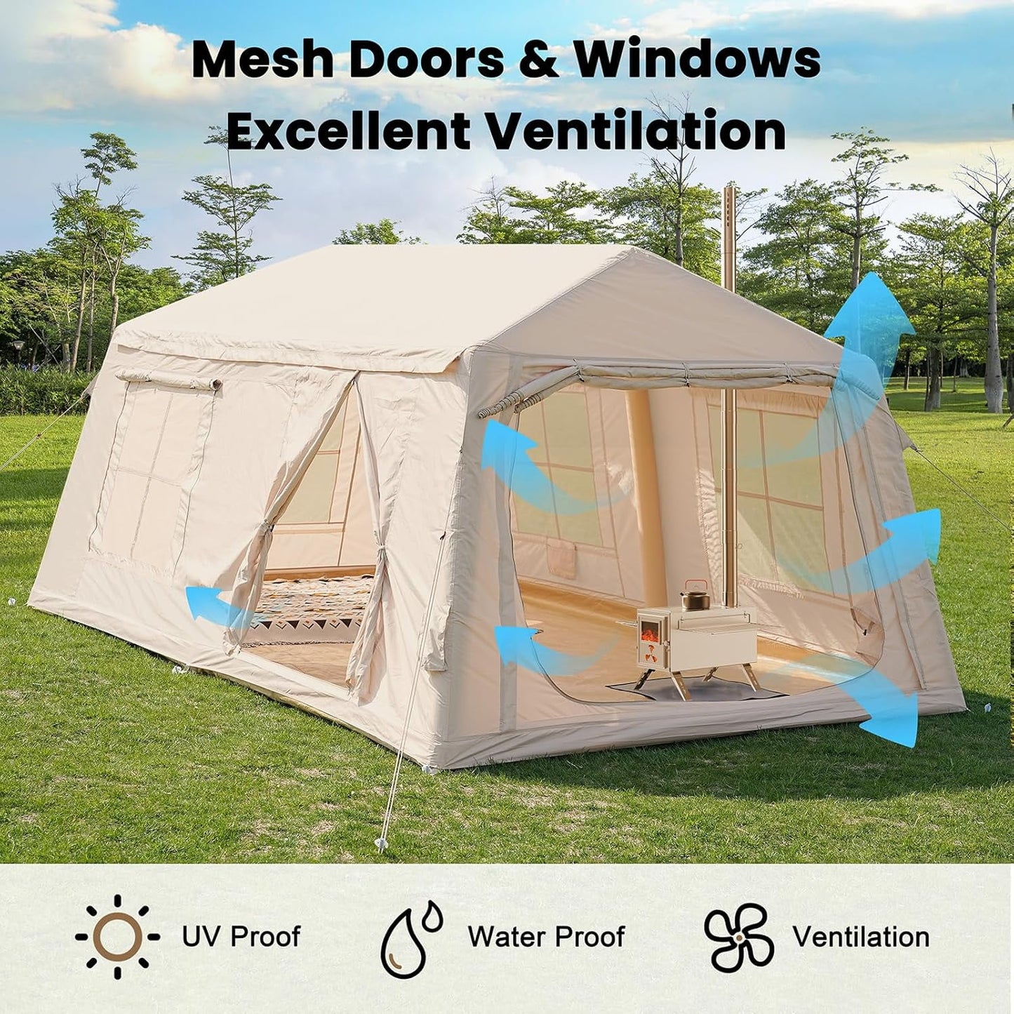 Lilypelle 8-10 Person Blow Up Inflatable Tent, with Removable Canopy and Stove Jack, 2 Room Instant Setup Air Cabin, Waterproof Oxford Hot Camping Tent for Family Glamping，2 Room Tent + Canopy - 13ft X 9ft X 6.5ft