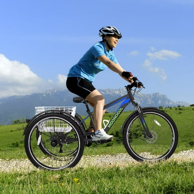 Lilypelle Mountain Tricycle for Adults, MTB 7 Speed Three Wheel Bike, Trike with Cargo Basket & Disc Brake for Women, Men, Seniors