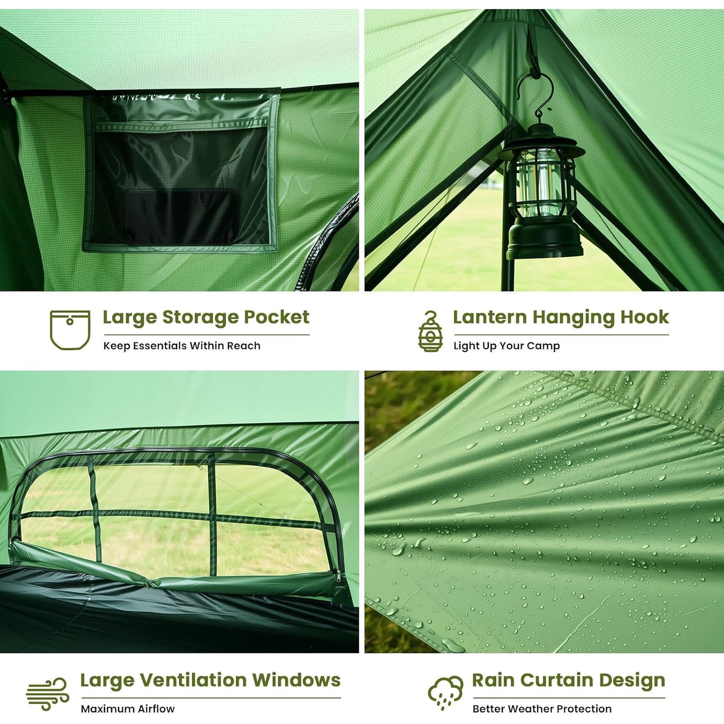 Lilypelle Lightweight Backpacking Camping Tent for 2-4 Person, 4 Season Windproof Tent with Stove Jack, 210T Ripstop Waterproof PU3000mm, All Weather Hiking Tent，Green
