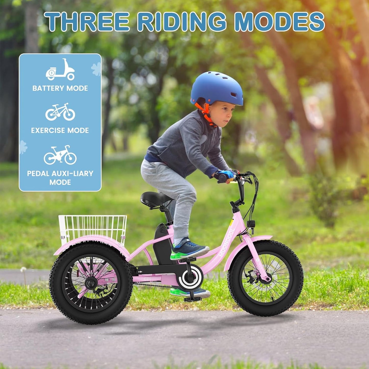 Mooncool Electric Tricycle for Kids , 3 Wheels 16"x3" Fat Tire Tricycle Electric Trike Cruiser Bicycle, 250W Aluminum Frame Electric Trikes Etrike with 10.4Ah Removable Battery and Rear Basket