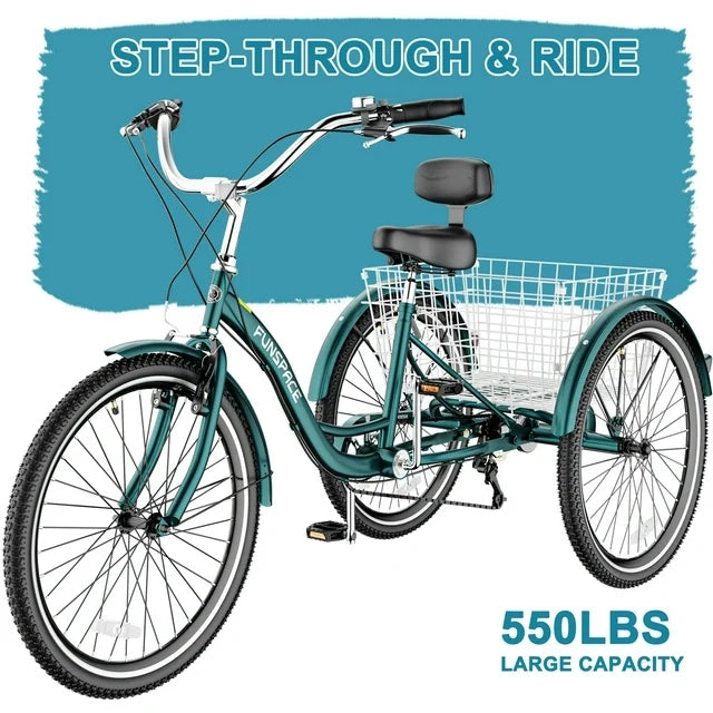 Lilypelle Adult Tricycles 7 Speed 26 inch Three Wheel Bike Cruiser Trike with Low-Step Through Frame/Large Basket for Men, Women, Seniors