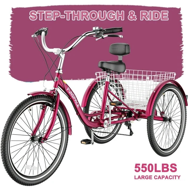 Lilypelle Adult Tricycles 7 Speed 26 inch Three Wheel Bike Cruiser Trike with Low-Step Through Frame/Large Basket for Men, Women, Seniors