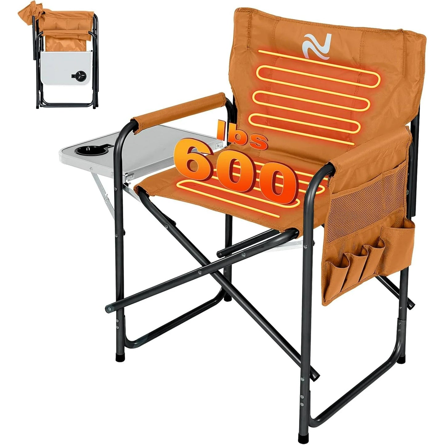 Lilypelle Oversized Heated Camping Chair, Portable Directors Chair with 3 Heat Levels, Heavy Duty Outdoor Heating Folding Chair Camp with Side Table, Pocket for Camping, Fishing, Picnic