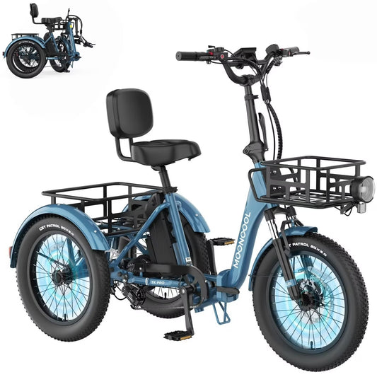 MOONCOOL TK Pro Electric Tricycle for Adults, 750W（Peak 1500W) Motor 48V 20Ah Battery, 20in Fat Tire Three Wheel Electric Bicycle , Foldable Electric Mountain Trike with Front & Rear Basket, UL2849