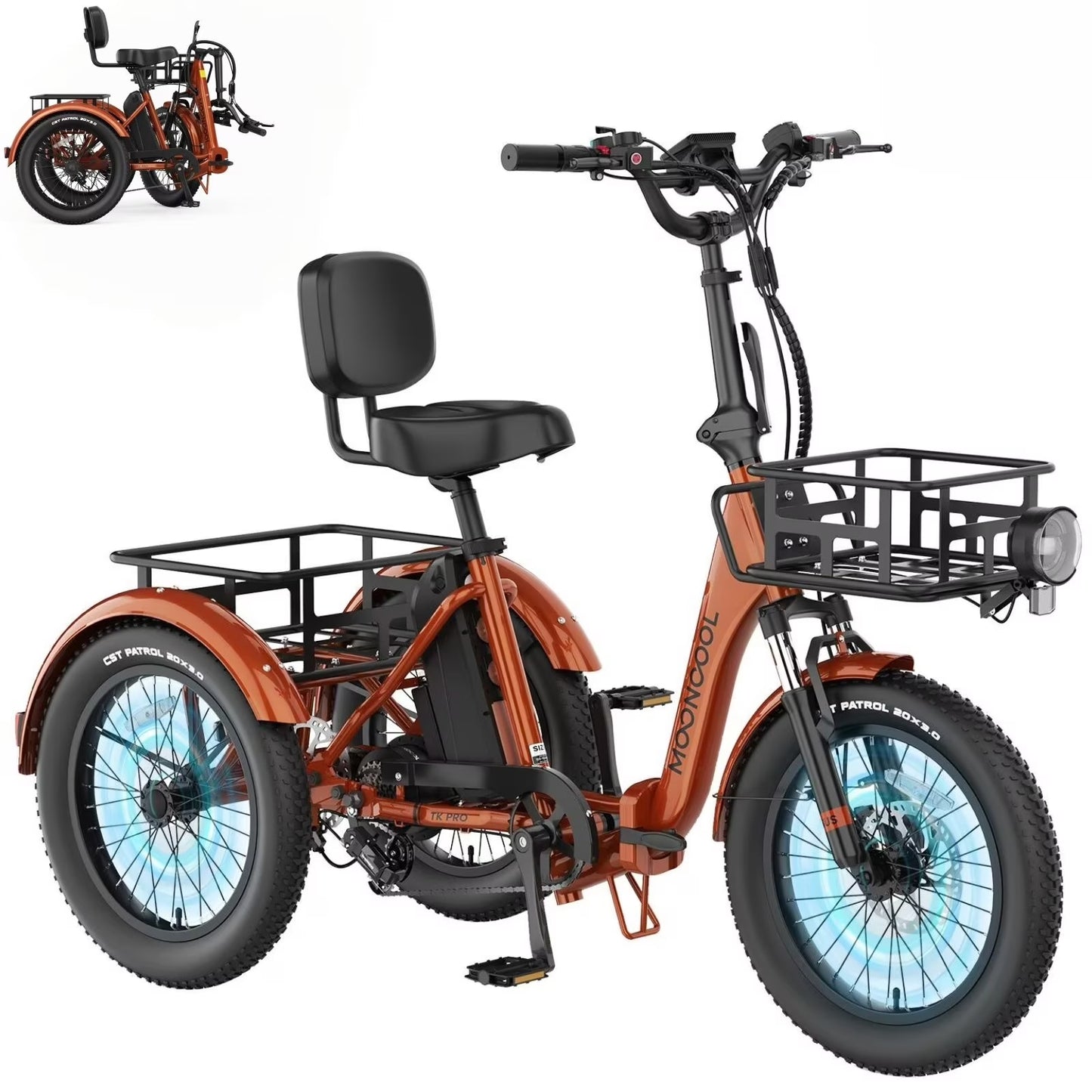 MOONCOOL TK Pro Electric Tricycle for Adults, 750W（Peak 1500W) Motor 48V 20Ah Battery, 20in Fat Tire Three Wheel Electric Bicycle , Foldable Electric Mountain Trike with Front & Rear Basket, UL2849