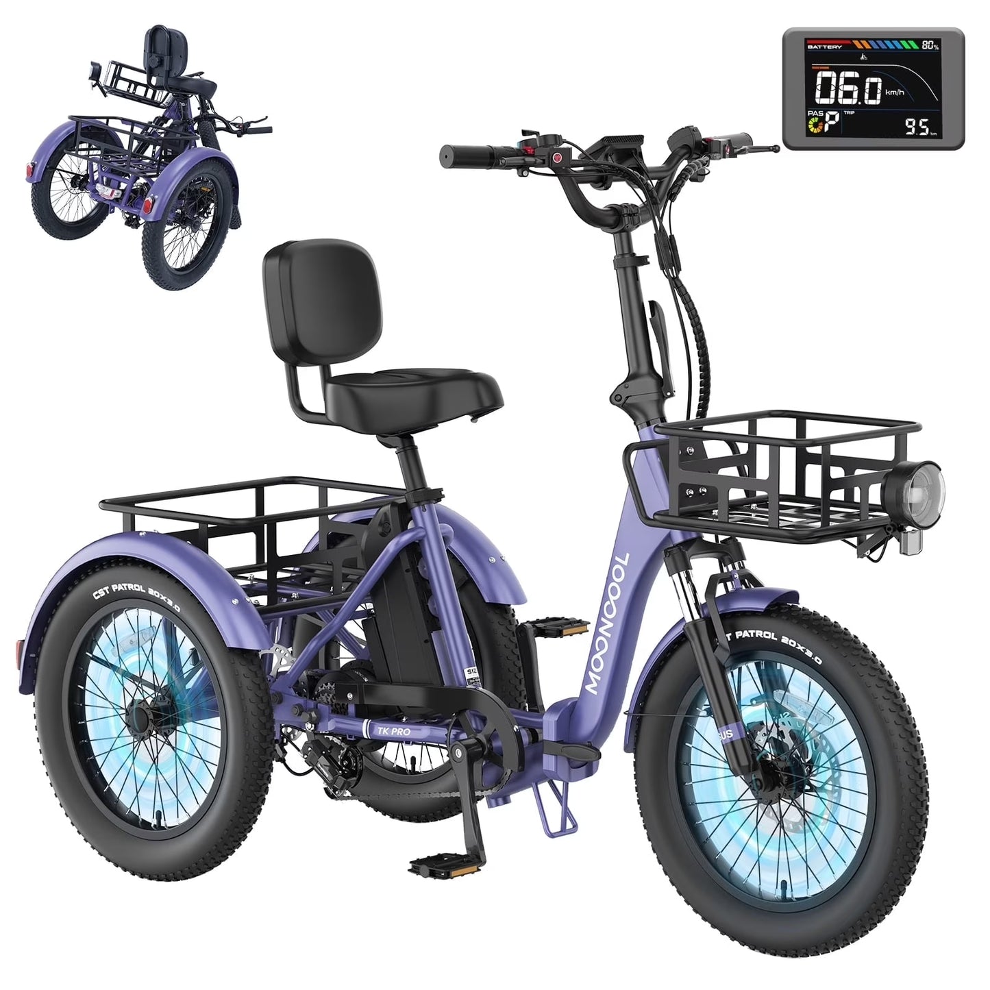 MOONCOOL TK Pro Electric Tricycle for Adults, 750W（Peak 1500W) Motor 48V 20Ah Battery, 20in Fat Tire Three Wheel Electric Bicycle , Foldable Electric Mountain Trike with Front & Rear Basket, UL2849