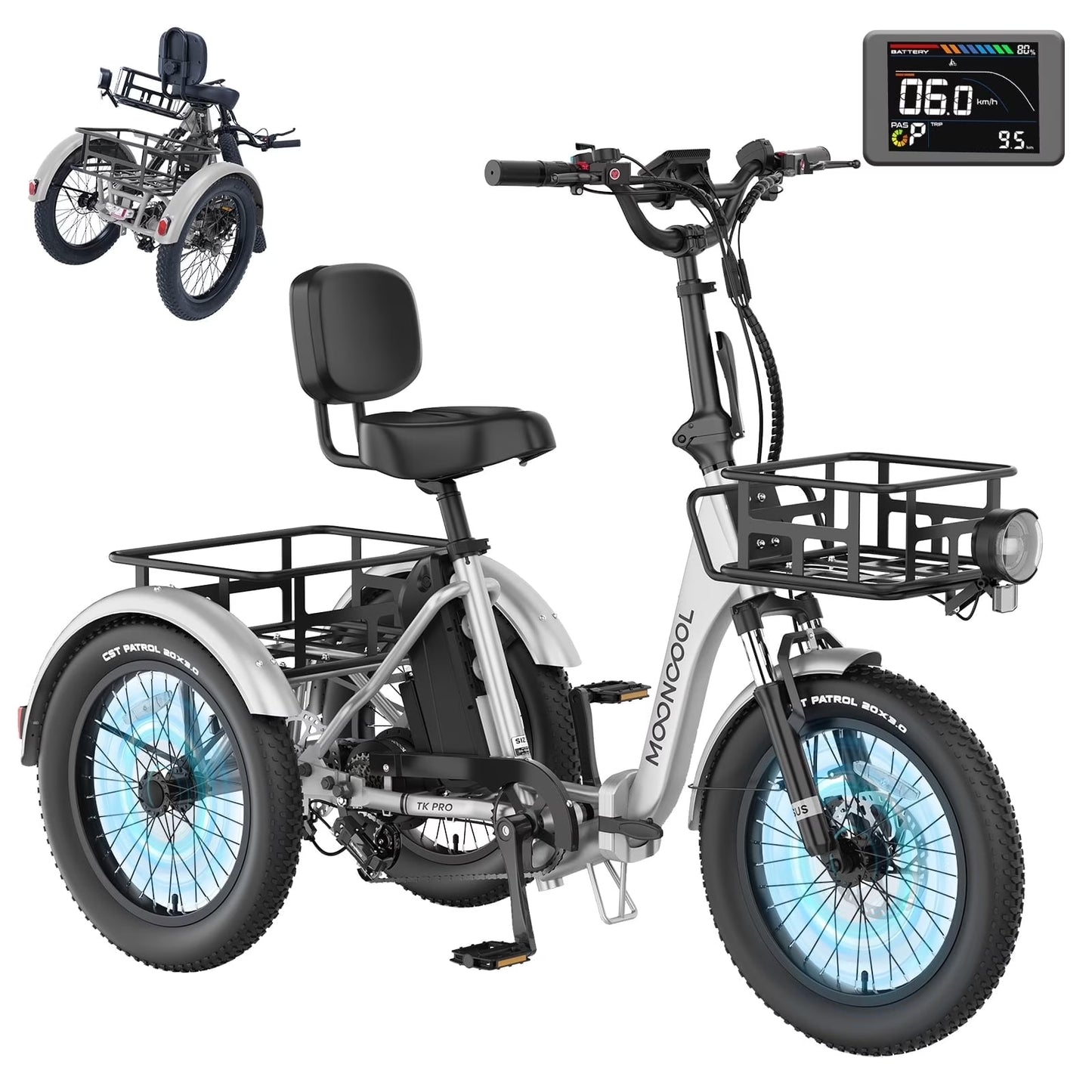 MOONCOOL TK Pro Electric Tricycle for Adults, 750W（Peak 1500W) Motor 48V 20Ah Battery, 20in Fat Tire Three Wheel Electric Bicycle , Foldable Electric Mountain Trike with Front & Rear Basket, UL2849