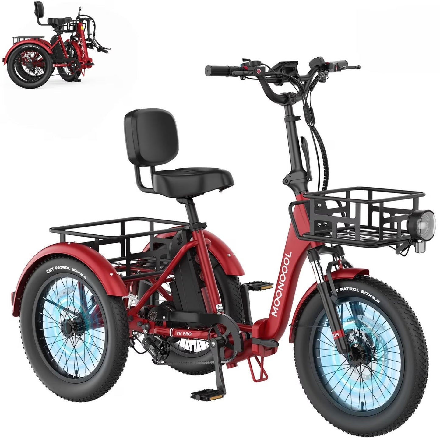 MOONCOOL TK Pro Electric Tricycle for Adults, 750W（Peak 1500W) Motor 48V 20Ah Battery, 20in Fat Tire Three Wheel Electric Bicycle , Foldable Electric Mountain Trike with Front & Rear Basket, UL2849