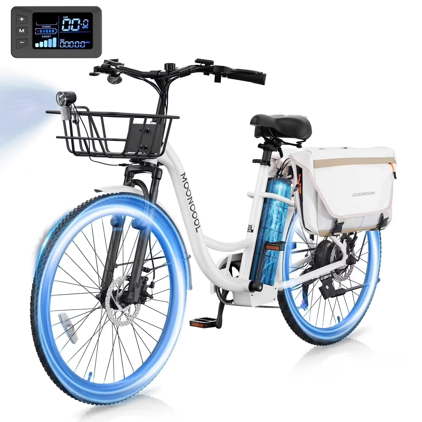 MOONCOOL Electric Bicycle for Adults 350W , 7-Speed Ebike with 36V 10.4Ah Removable Battery， 40 Miles Range , 20 mph Electric Commuter Bike for Women Men, UL2849
