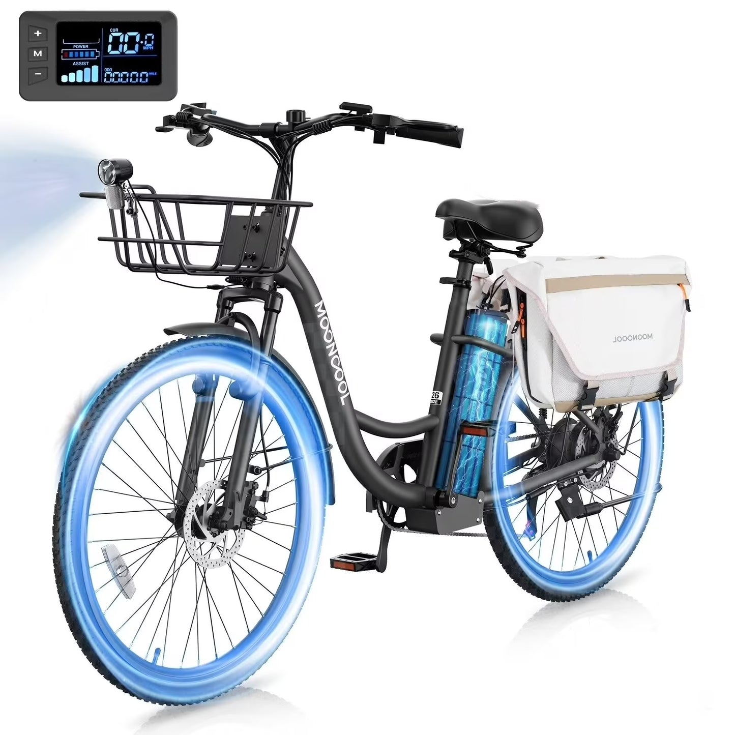 MOONCOOL Electric Bicycle for Adults 350W , 7-Speed Ebike with 36V 10.4Ah Removable Battery， 40 Miles Range , 20 mph Electric Commuter Bike for Women Men, UL2849