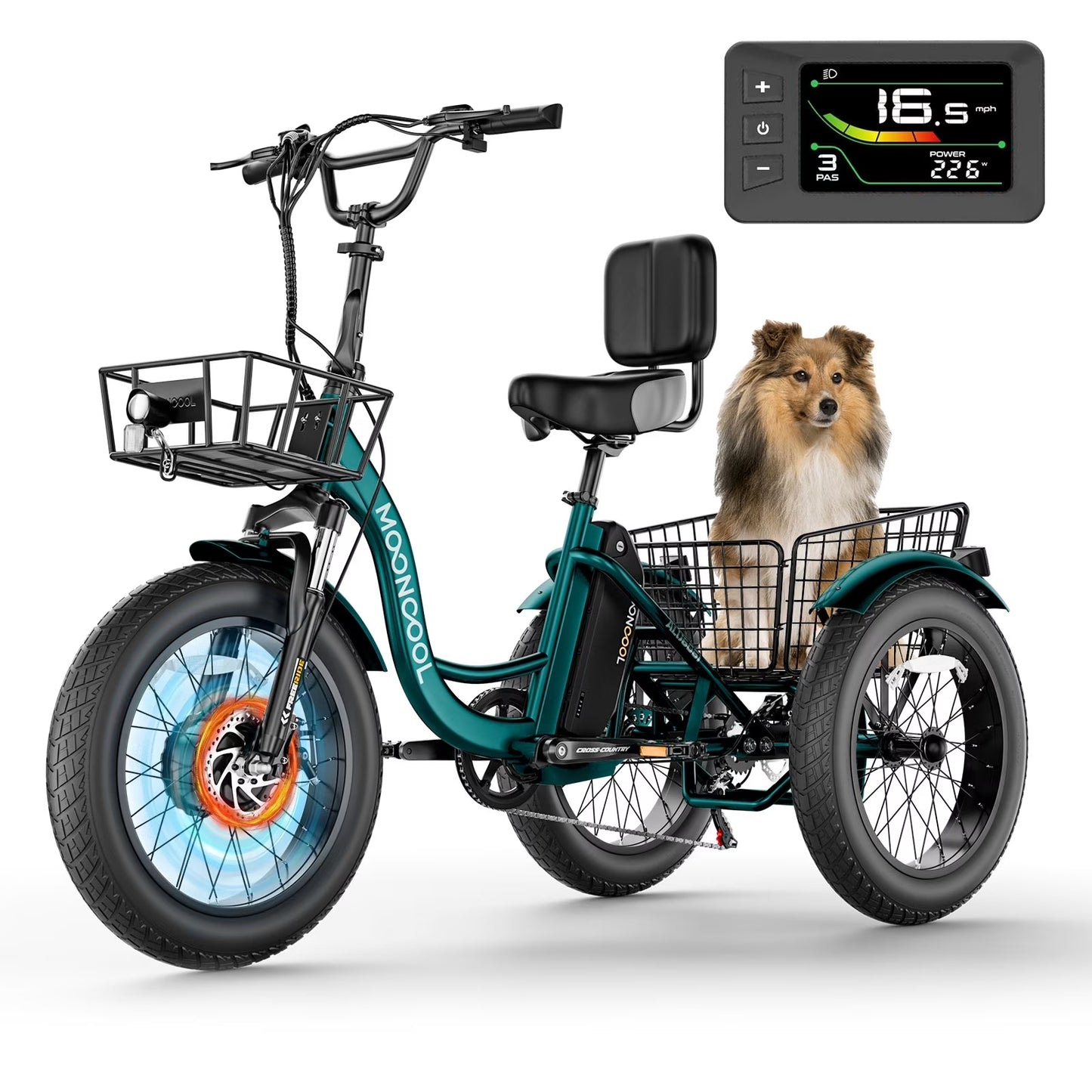 MOONCOOL Electric Tricycle for Adults, 20" x 4" Fat Tire Electric Trike, 48V 500W Motorized Electric Bicycle, 3 Wheels 7 Speed Ebike with Removable Battery, Aluminum Frame & Large Basket, UL2849