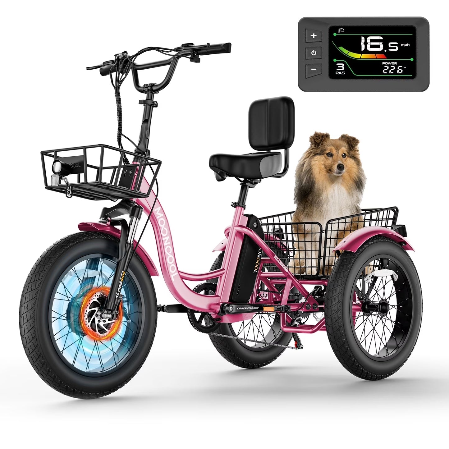 MOONCOOL Electric Tricycle for Adults, 20" x 4" Fat Tire Electric Trike, 48V 500W Motorized Electric Bicycle, 3 Wheels 7 Speed Ebike with Removable Battery, Aluminum Frame & Large Basket, UL2849