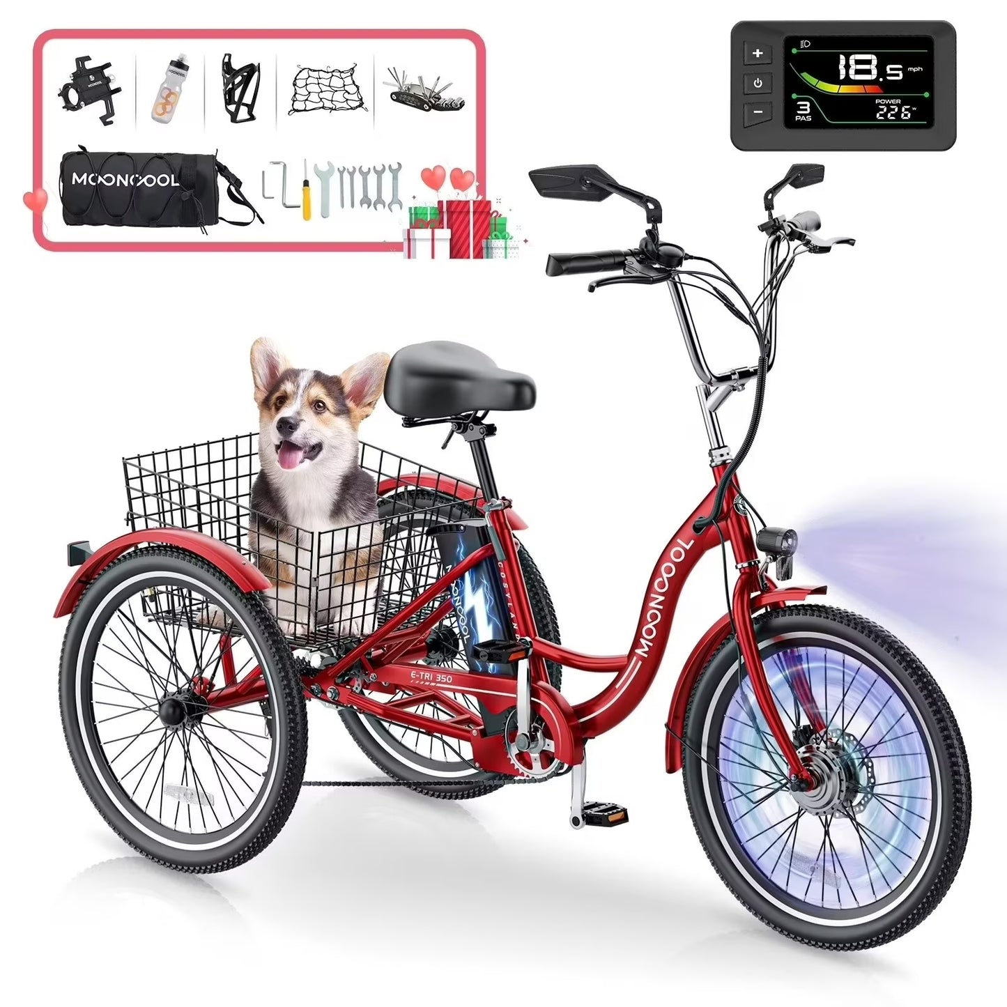 MOONCOOL 24'' Electric Tricycle for Adults, 350W 36V 7 Speeds Electric Trike, 3 Wheels Adult Electric Tricycle Bicycle with Large Basket & Tool Kits,UL2849