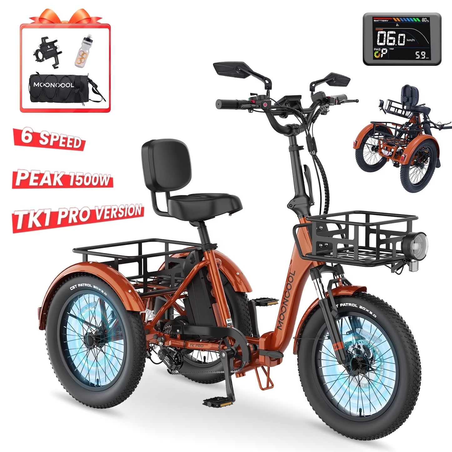 MOONCOOL TK1 Pro Electric Trike, Electric Tricycle for Adults, 20" Folding 3 Wheels Electric Bicycle, 48V 750W Motorized Ebike with Aluminum Frame, Removable Battery and Basket, UL2849