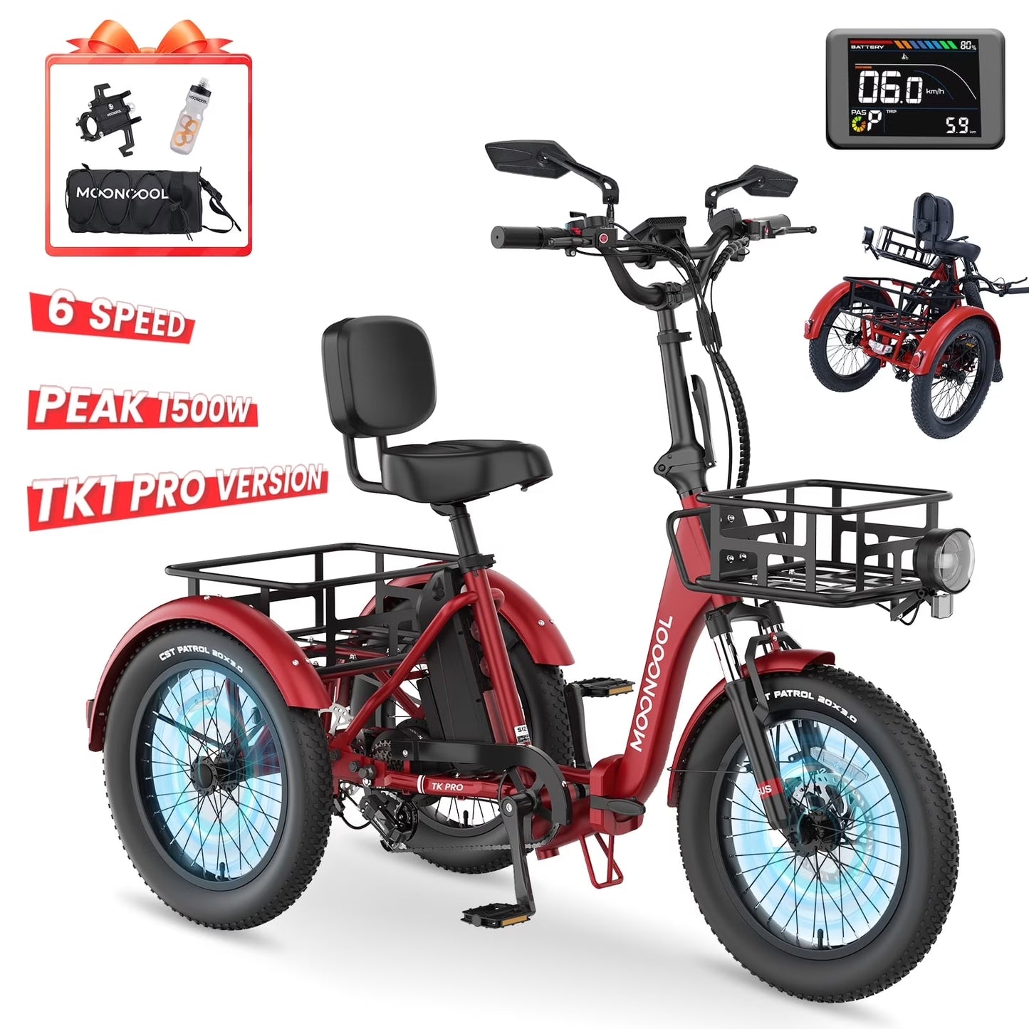 MOONCOOL TK1 Pro Electric Trike, Electric Tricycle for Adults, 20" Folding 3 Wheels Electric Bicycle, 48V 750W Motorized Ebike with Aluminum Frame, Removable Battery and Basket, UL2849