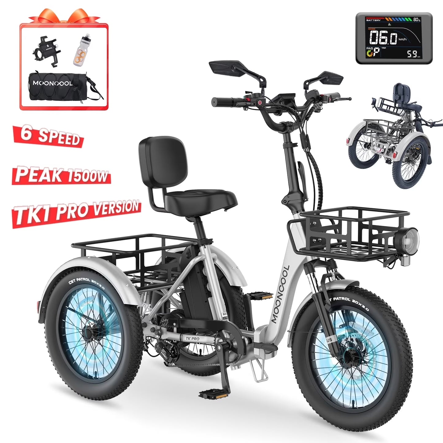 MOONCOOL TK1 Pro Electric Trike, Electric Tricycle for Adults, 20" Folding 3 Wheels Electric Bicycle, 48V 750W Motorized Ebike with Aluminum Frame, Removable Battery and Basket, UL2849