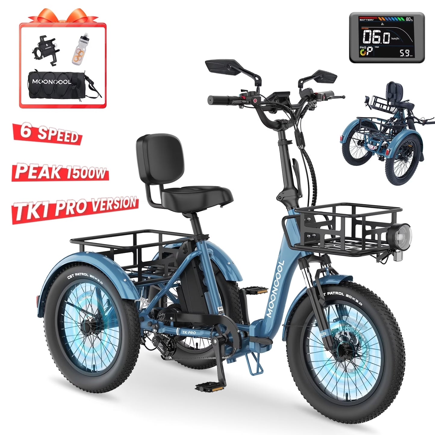 MOONCOOL TK1 Pro Electric Trike, Electric Tricycle for Adults, 20" Folding 3 Wheels Electric Bicycle, 48V 750W Motorized Ebike with Aluminum Frame, Removable Battery and Basket, UL2849