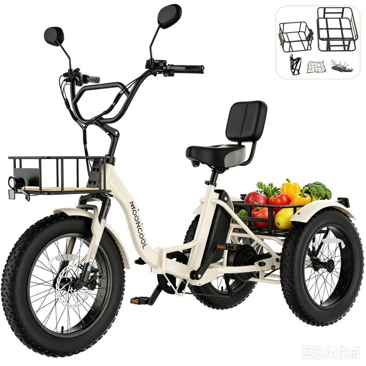MOONCOOL All-Terrain Folding Electric Tricycle for Adults, 1100w Motor 48V 14.5Ah Battery,7-Speed 20" x 4.0" Fat Tire 3 Wheel Electric Bike , 25-60 miles