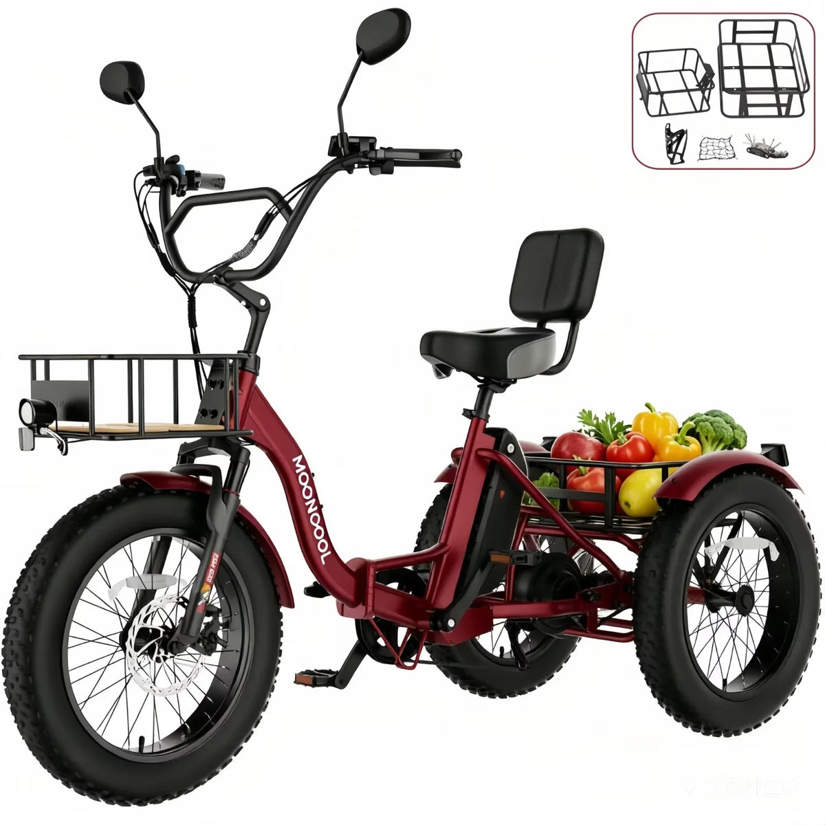 MOONCOOL All-Terrain Folding Electric Tricycle for Adults, 1100w Motor 48V 14.5Ah Battery,7-Speed 20" x 4.0" Fat Tire 3 Wheel Electric Bike , 25-60 miles
