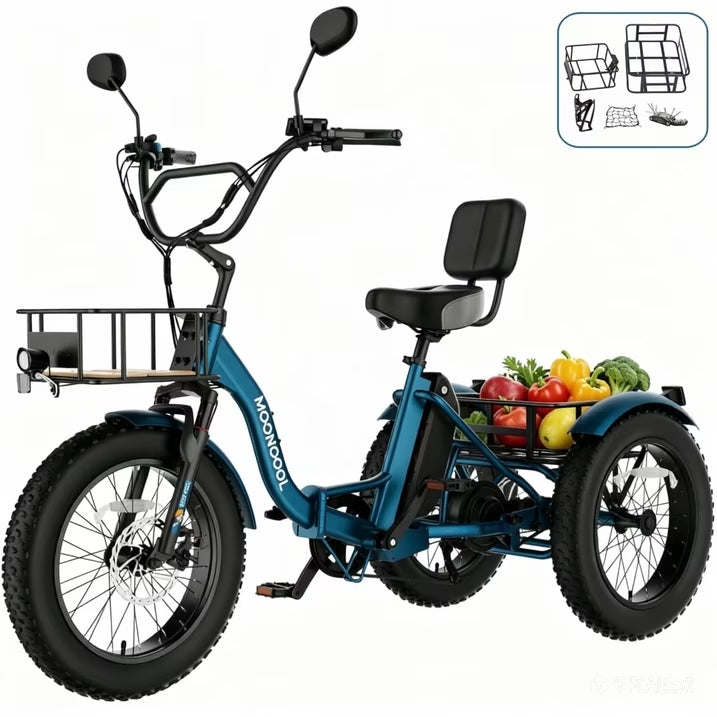 MOONCOOL All-Terrain Folding Electric Tricycle for Adults, 1100w Motor 48V 14.5Ah Battery,7-Speed 20" x 4.0" Fat Tire 3 Wheel Electric Bike , 25-60 miles
