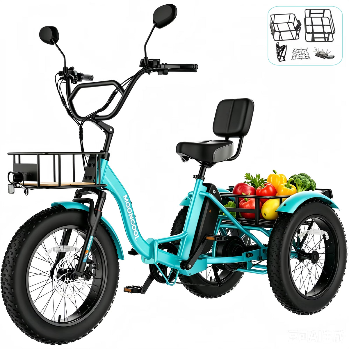 MOONCOOL All-Terrain Folding Electric Tricycle for Adults, 1100w Motor 48V 14.5Ah Battery,7-Speed 20" x 4.0" Fat Tire 3 Wheel Electric Bike , 25-60 miles
